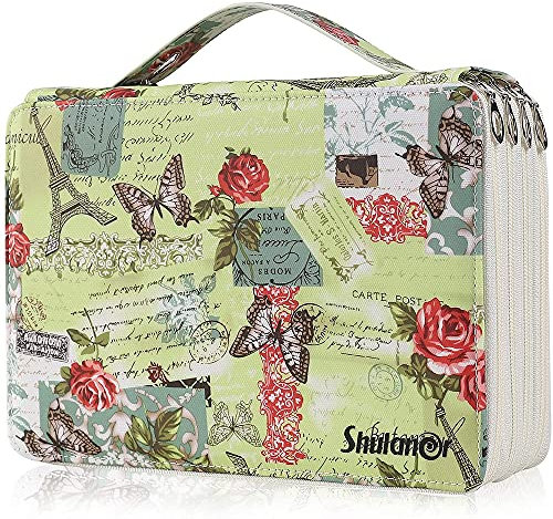 Shulaner Federmäppchen 120 Slots mit 3 Reißverschluss, Schmetterlingen und Rosenmuster Bleistifttasche, wasserdichtes Leder Stift Organizer Federmappen 120 Fächer - Grün