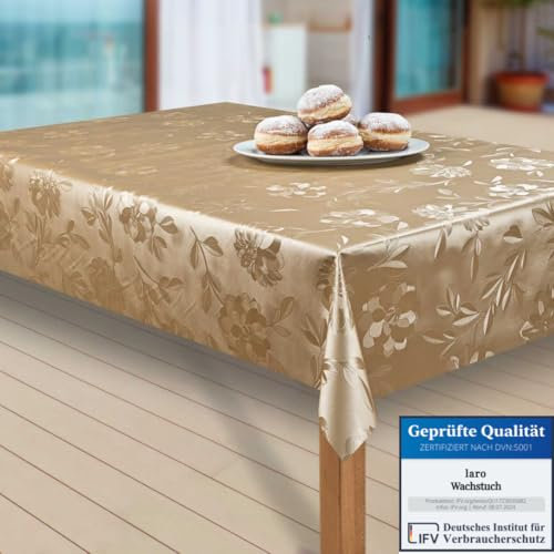laro Wachstuch-Tischdecke Abwaschbar Garten-Tischdecke Wachstischdecke PVC Plastik-Tischdecken Eckig Meterware Wasserabweisend Abwischbar, Muster:Dahlien Gold Beige, Größe:100-140 cm