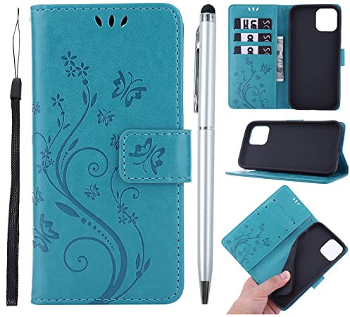 Phone Case for iPhone 13 mini, Premium PU Leather Flip Embossed Butterfly Case Shockproof Slim Protective Bumper Wallet Case for iPhone 13 mini with Kickstand Card Holder Lanyard & One Touch Pen