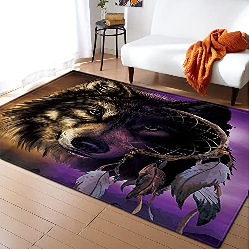 Morbuy Teppich Wohnzimmer Flanell Weich Kurzflor Teppiches, 3D Wolf Druck, In- & Outdoor Teppich Waschbar rutschfest Krabbelmatte für Kinderzimmer Schlafzimmer (80x120cm,Traumfänger Wolf)