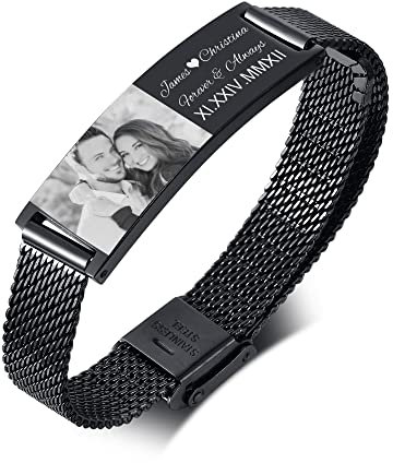 Herren Personalisiert Foto Text Armband l Schwarzer Edelstahl Graviertes Foto & Nachricht Name Stylisch Gittergewebe Band verstellbares ID Armband, individuelles Geschenk für Ehemann Papa Sohn Opa