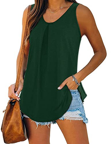 iChunhua Women Summer Plain Crew Neck Sleeveless Loose Fit Vest Tank Tops Green X-Large