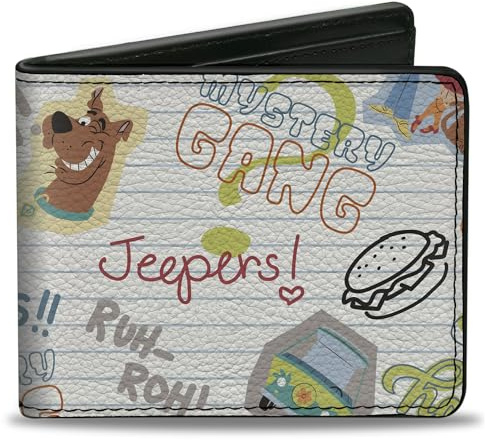 Scooby Doo Geldbörse, Bifold, Scooby Doo Notizbuch, Doodles Collage, Weiß, mehrfarbig, veganes Leder, Scooby Doo