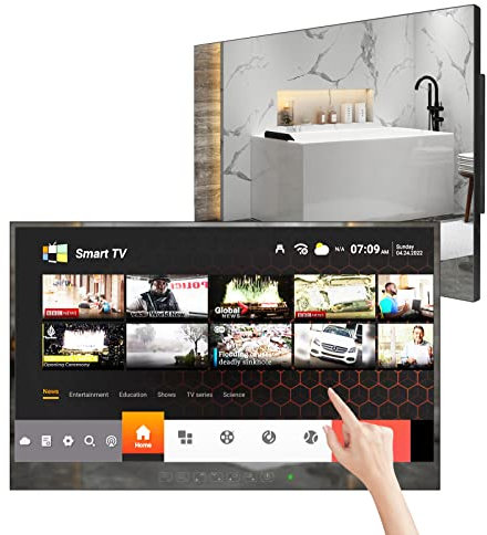 Soulaca Smart TV a specchio touchscreen da 27 pollici per bagno IP66 impermeabile Android 9.0 Full HD con Wi-Fi e Bluetooth HYM27E-TBLS11017 Modello 2023