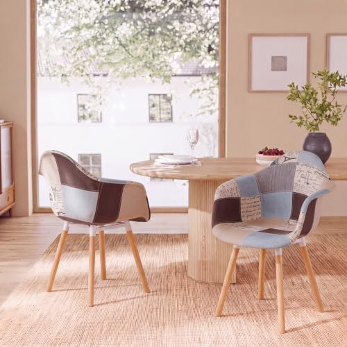 HJhomeheart 2er Esszimmerstühle aus Patchwork-Stoff mit Armlehnen, moderner Design-Sessel, skandinavischer Küchenstuhl aus Buchenholz (A5-Brun)