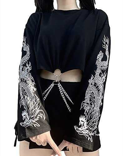 DINGJIUYAN Women Gothic Hooded Top Long Sleeve Black Chain Print Crop Tops E-Girl Harajuku
