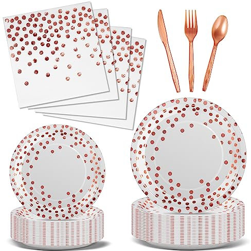 Nkaiso 144 Piezas Oro Rosa Vajilla Fiesta Cumpleaños, Papel Platos Cumpleaños Infantil, Juego de vajilla para Fiestas Platos Servilletas reutilizable Cubiertos -24 Invitado