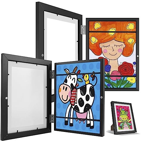 2 Stück Bilderrahmen Kinderzeichnungen A4, Kinder Kunst rahmen Aufklappbar, Kinder Kunstrahmen Frontöffnung, Befüllbarer Klapprahmen zur Aufbewahrung&Darstellung von Kinderzeichnungen (Schwarz, 2Pcs)
