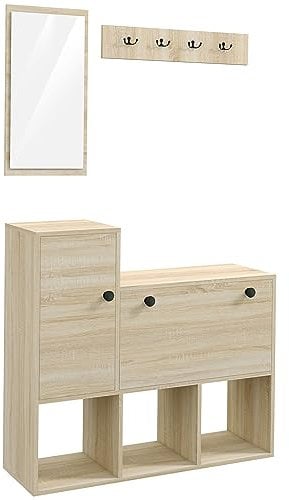 HOMCOM Mobili da Ingresso 3 in 1 con Scarpiera per 9 Paia di Scarpe, Attaccapanni a Muro con 4 Ganci, Armadietto e Specchiera in MDF