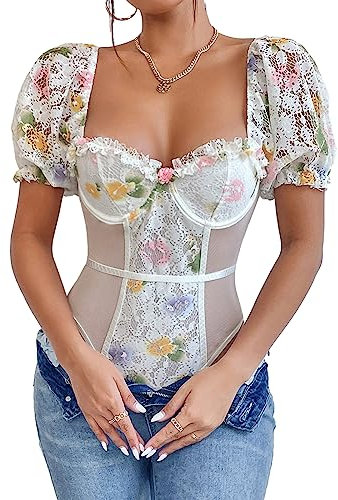 Yoisdtxc Women’s Lace Bodysuit Short Puff Sleeve Mesh Patchwork Floral Print Leotard Tops Corset Playsuit (White, S)