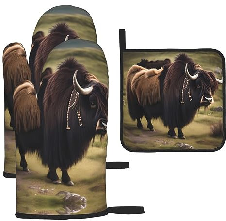 Chrysm Mighty Highland Yak Ofenhandschuhe, 2 Handschuhe und 1 Topflappen-Set, Küchenhandschuhe, Mikrowelle, Grill, hitzebeständig