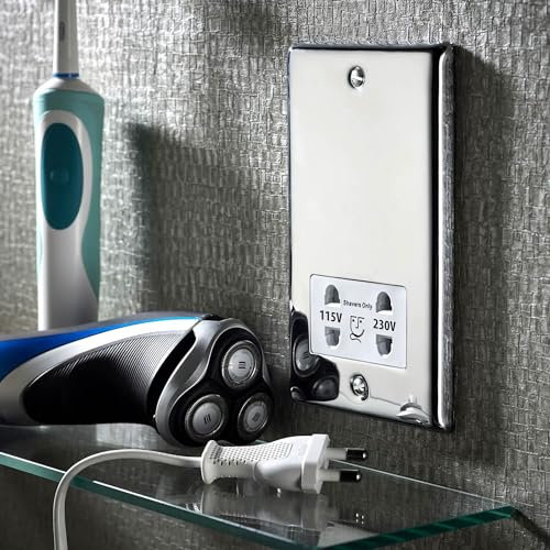 Pebble Grey™ Dual Voltage Shaver Socket 155V / 240V, Chrome Plated Bathroom Wall Plug for Electric Shavers and Toothbrushes
