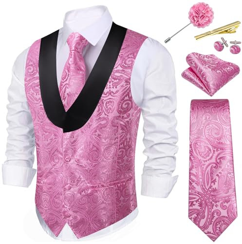 Barry.Wang Herren-Weste, Paisleymuster, Krawatte, Seide, Jacquard, Blume, Schalkragen, Anzugweste, Smoking, 6-teilig, Hochzeit, Party, Pink, Small