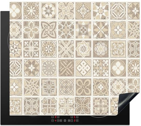 KitchenYeah© Copri Piano Induzione 60x52 cm Cucina Coprifornelli Copertura Protezione Cottura Tutto per la Cucina Mosaico - Vintage - Beige - Motivo - Fiori