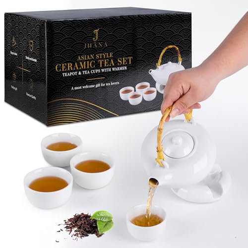 JHĀNA Japanese Tea Set with Warmer – White Asian-Style Ceramic Teapot with Bamboo Handle and Cups Gift Set for Tea Lovers