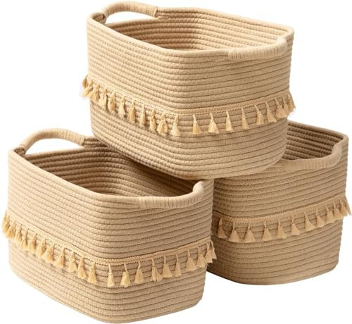 TeoKJ Aufbewahrungskorb, 3er Set Regalkörbe mit Quasten, 38 * 26 * 22cm Körbe Aufbewahrung für Badezimmer, kinderzimmer, Wohnzimmer, aufbewahrungsbox badezimmer für Kleidung, Jute