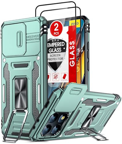 LeYi Cover per Xiaomi Poco X6 Pro 5G con 2 x Pellicola Vetro Temperato, Custodia con Protezione Fotocamera [Slidable] Anello Supporto TPU Bumper Case per Poco X6 PRO, Teal