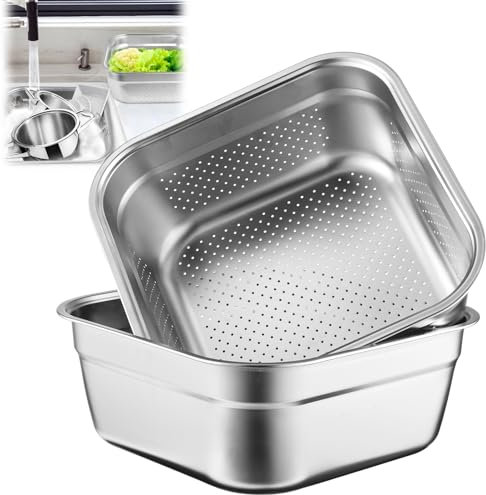 2-in-1 Washing Up Bowl Set, Stainless Steel Dish Tub with Colander, Fruit Vegetable Washing Basin, Multi-Purpose Bowl Kit for Washing and Draining Rice, Pasta, Food Strainer Mixing Bowl