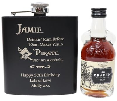 Black Hip Flask & Miniature Alcohol - Pirate Rum Design (Black Spiced Rum/No Gift Box) 40% vol