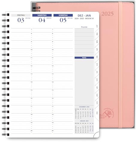 POPRUN Kalender 2025 Wochenplaner Ringbuch mit Softcover 28.5 x 22.2 cm - auf Deutsch - Terminplaner 2025 A4 mit 15-Minuten-Intervall und Vertikalem Wochenlayout, 100 GSM Papier - Zartrosa