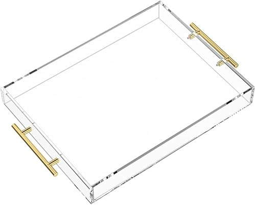 Wymexen Clear Serving Acrylic Tray-(16x12x2 inches) with Gold Handles-Spill Prevention-Sturdy Decorative-Without Leaking Tray, Kitchen, Bathroom, Living Room-Decorative Tray