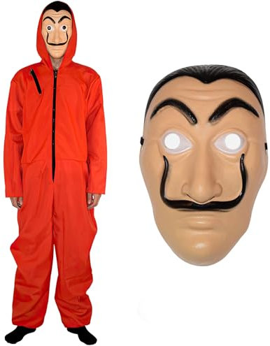 shengo Bank Robber Jumpsuit, Adults Bank Robber Fancy Dress Costume, Thief Costume Red Jump Suit With Face Mask, Red Long Sleeve Romper for Halloween Carnival Cosplay Set