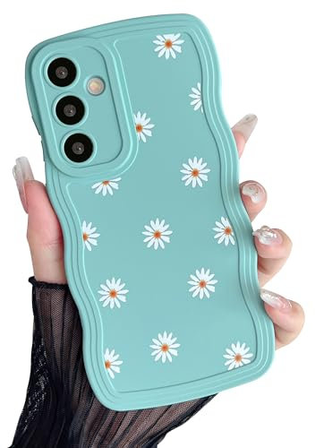 ZTOFERA Hülle für Samsung Galaxy A14 5G/4G, Niedliche lockige Wellen Rahmenform Gänseblümchen Muster Silikon Handyhülle, Flexible Stoßfeste Schutzhülle für Samsung A14 - Minzblau