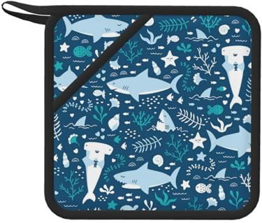Sorridente squalo animali marini pesci stelle marine blu, Presine, Presine da cucina in silicone anti-caldo, resistenti al calore
