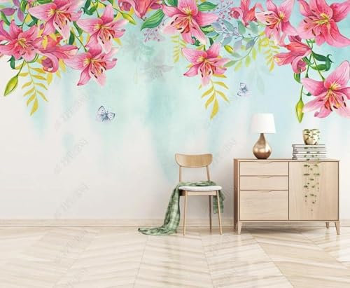 YueMingDi 3D kreative Wohnzimmer Dekoration rote Lilie Blume Schmetterling Landschaft Studie Wohnzimmer Büro Hintergrund Wandbilder Wandbilder-430cm×300cm