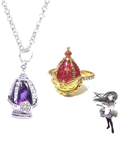 JUSONGKWCP Madoka Magica Halskette Ringe 2 Pcs Anime Figur Cosplay Necklace Ring Accessories Edelsteine Metall Anhänger Jewelry Set (lila)