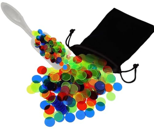 JchEnye 150 fichas de bingo transparentes, 1,5 cm de diámetro, 4 colores, incluye bolsa de terciopelo y espátula