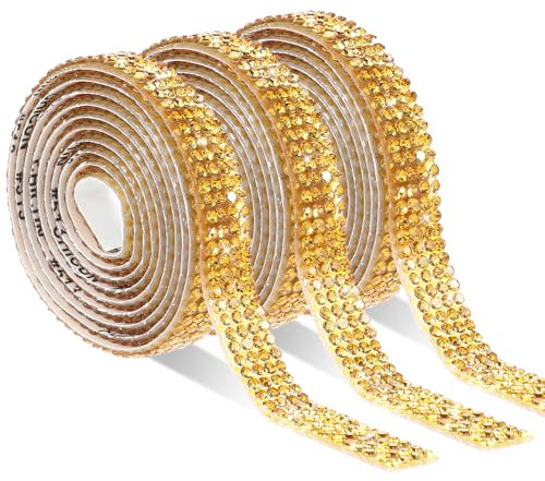 Prasacco 3 Stück Selbstklebende Strassbänder, Kristall Strasssteine Glitzerband DIY Diamant Band Glitzersteine DIY Dekoration Aufkleber für Kleidung, Hochzeit, Handwerk, Geschenkdekoration, Gold