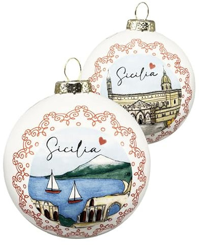 Weihnachtskugel Keramik – Städte Italiens – Sizilien: Taormina und Palermo (ein Design pro Seite) 8 cm Made in Italy