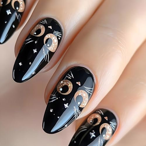 Lot de 24 faux ongles brillants mi-longs en amande avec motifs de chats noirs faciles à presser pour les fêtes et le quotidien