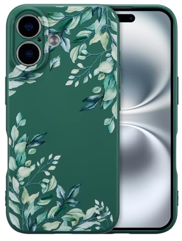 RALEAVO Case for iPhone 16, Cute Flower Silicone Slim Cover,Dark Green/Leaf | For iPhone 16 Liquid Silicone Phone Case, for Girls Women Aesthetic Flowers Shockproof Protective Soft Cover