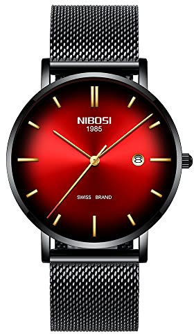 NIBOSI Armbanduhr, rotes Zifferblatt, schwarzes Mesh-Armband, Datum, wasserdicht, Geschenk, raffiniert, minimalistisch, elegant, luxuriös, modisch, sportlich, Vintage, Fashion, rot, Modern