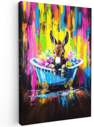 MuchoWow© Leinwandbild Klein Mini Dekoration Wohnzimmer Bilder Pictures | 20x30 cm - Wall Decoration Living Room Wohnungs Deko Moderne Bild Esel - Badewanne - Rosa - Schaum