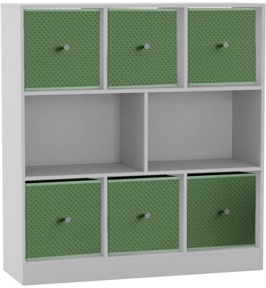 URBNLIVING 8 Cube Asymmetrical Bookcase with 6 Fabric Storage Drawers, Modern Freestanding Shelving Unit for Books, Toys & Decor, Engineered Wood Organizer Cabinet for Home & Office