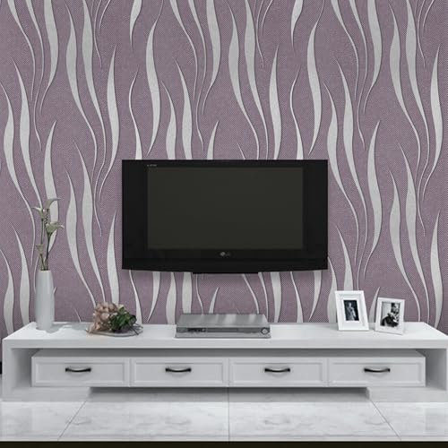 Trafagala Purple Embossed Wallpaper Non-Woven Wave Stripes Roll 3D Silver Glitter Wallpaper Feature Modern Geometric Patterned Taupe for Livingroom Bedroom Kitchen