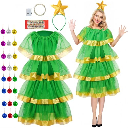 Boyigog Disfraz de árbol de Navidad para mujer, 5 piezas con vestido de tul para el pelo, decoración de bolas, vestidos de tul de árbol verde, disfraces de Navidad para fiesta de cosplay de Navidad