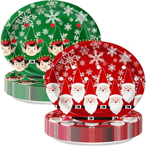 Oigco 30 Count Christmas Oval Paper Plates Large 9 X 11 Christmas Disposable Serving Platters for Holiday Xmas Dinnerware Table Decorations
