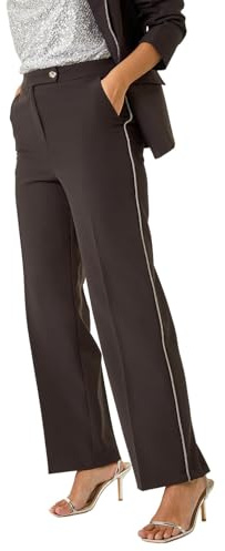 Dusk Fashion Diamante Trim Tailored Trousers for Women UK - Ladies Everyday Autumn Winter Round Neckline Comfy Soft Evening Vacation Work Party Night Out - Black - Size 14