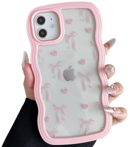 ZTOFERA Aesthetic Curly Wavy Case for iPhone 11 (6.1), Peach Pink | Cute Heart Ribbon Pattern, Hard PC Colored Wave Soft Silicone Bumper Case, Shockproof Protective Cover, for Girls Women