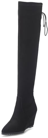 Gicoiz Compensées Cuissarde Bottes Extensibles Femme Pointu A Enfiler Hiver Warm Talons Hauts Elegant Soirée Botte Hautes Bureau Noir Taille 40 EU-41Cn