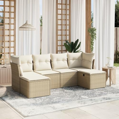 QJBSAVVA 6-TLG. Garten-Sofa Set Beige Poly Rattan Eck und Mittelsofa mit Hocker abnehmbare Kissen 62 x 62 cm UV beständig platzsparend für Balkon Terrasse Garten