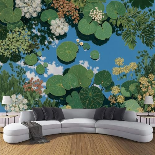 DLERFLOVR Tapete Dunkelgrün Seidentapeten Seerosen Und Exotische Pflanzen Tapeten Blick Vom Teich Wandtapete Wanddeko Motivtapeten für Wohnzimmer Schlafzimmer Kinderzimmer 150x105cm
