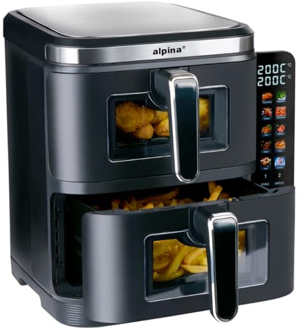 alpina Double Airfryer XXL - Heißluftfritteuse 11L - Air Fryer mit 2 Kammern - Duo Backofen für 8 Personen - Faltbares Display - Timer-Funktion bis zu 60 Minuten - Temperatur 60-200°C - Schwarz