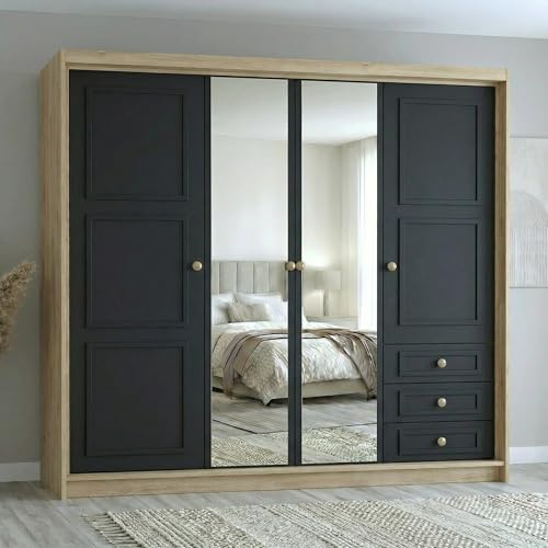 A&J MöbelLand Oslo Kleiderschrank 4-türig mit 3 Schubladen – 200 x 215 cm – Drehtürenschrank mit Kleiderstange und Einlegeböden, Modernes Design mit Metallgriffen