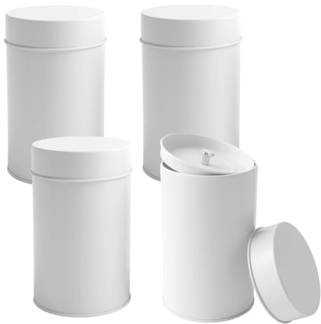 4 Latas de Té con Tapas Dobles Herméticas Mini Recipiente de Almacenamiento | Caja Redonda para Almacenamiento de Café, Azúcar, Hojas Sueltas, Dulces, Hierbas y Especias, Blanco