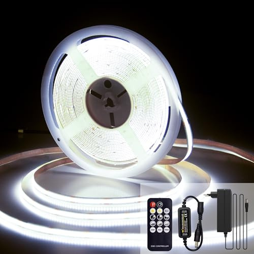 luktix COB LED Streifen 7.5M, 6000K Kaltweiß LED Strip, 24V Dimmbare Lichtband, CRI92, 8mm Breite, mit Fernbedienung und Netzteil, für Heimdekoration, Küche, Spiegel